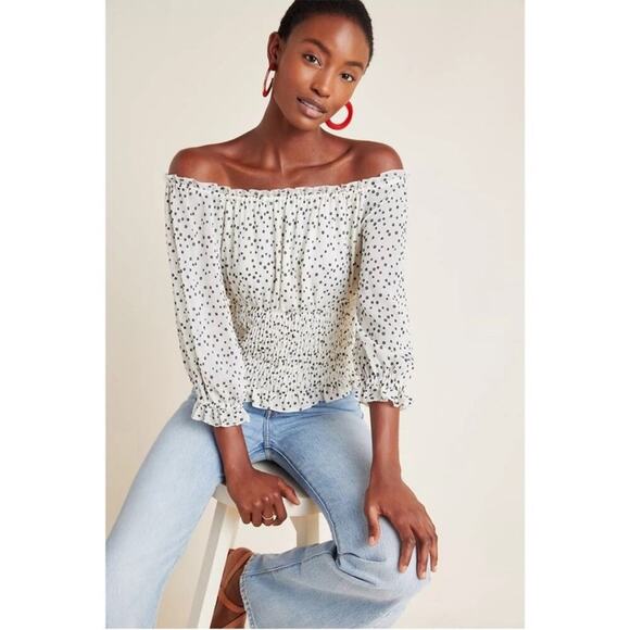Anthropologie Lucia Black White Polka Dot Smocked Off Shoulder Blouse Top Small - Picture 16 of 16